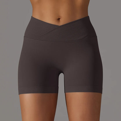 Women's sporty shorts with cross-waistband, yoga shorts, for gym workout, running, hip-enhancing,high-waisted yoga shorts.