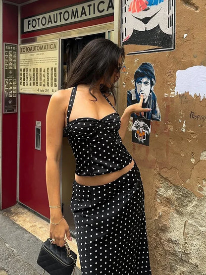 Retro Polka Dot 2-piece Set Lady Chic Sleeveless Off-shoulder Halter Crop Top Maxi Skirt Sets 2026 Women Vacation Street Outfit