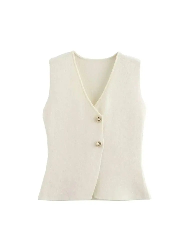 Women Fashion With Golden Buttons Knit Waistcoat And High Elastic Waist Pleated Midi Skirt Female Two Piece Sets Mujer