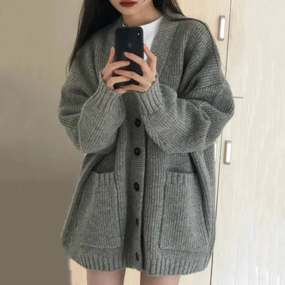 Korean version V-collar lazy wind cardigan Japanese department simple sweater female spring and autumn winter casual loose knit
