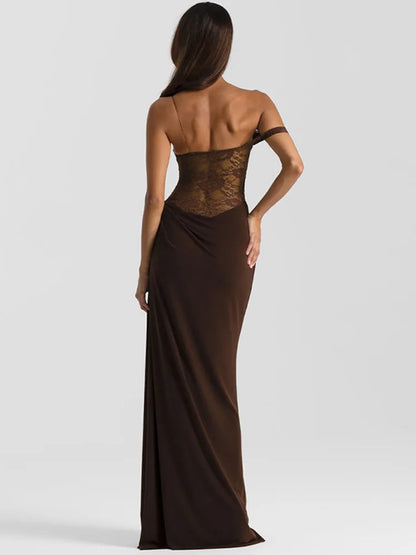Mozision One Shoulder Lace See Through Sexy Maxi Dress Women Gown Fashion Off-shoulder Sleeveless Backless Club Long Dresses