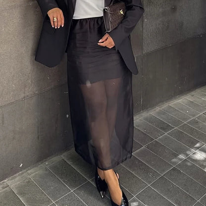 Black Mesh Skirts For Women Double-layer Design Sexy Perspective High Waist Slit Hip Skirt Female Thin Loose New Summer