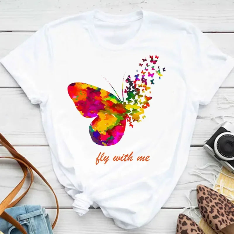 Y2k Women's Colorful Butterfly Petal Print T-Shirt, Short Sleeve, Round Neck, Cute Graphic Tee Shirts, Female Tops Clothes